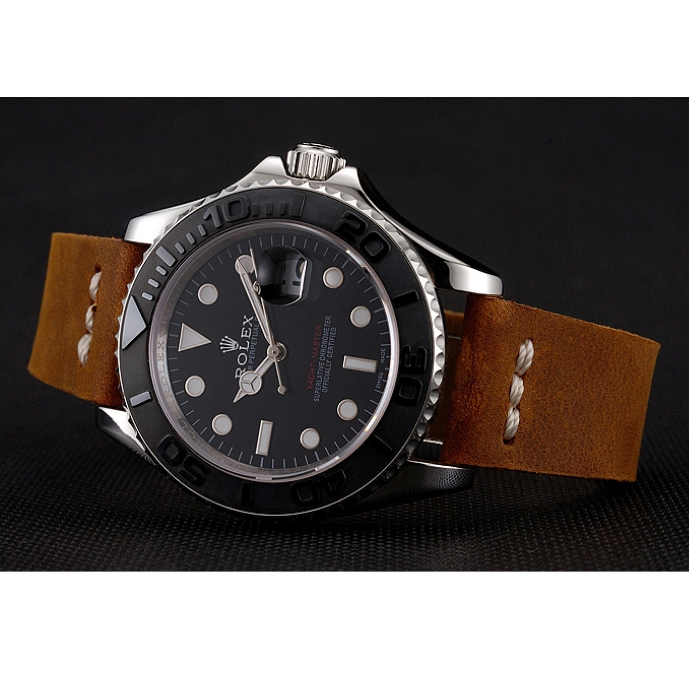Aaa replica Rolex Master Yacht Black Case Bracelet 1453859 Dial Brown Leather Silver 0622